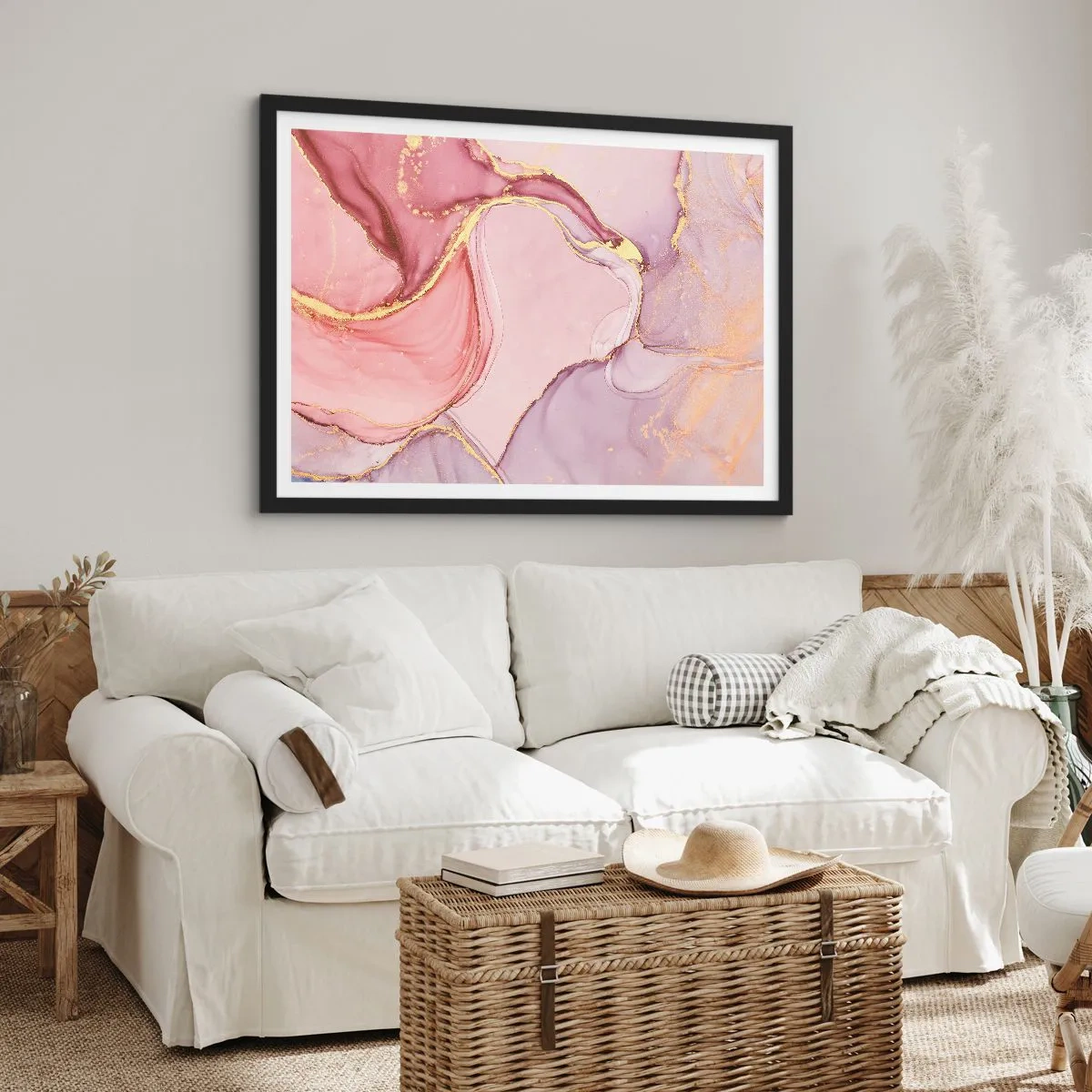 Poster in einem schwarzem Rahmen - Zarte abstrakte Muster in Rosa- und Goldtönen - 100x70cm - Eine Liebkosung der Farben - Moderne Wanddekoration für Wohnzimmer und Schlafzimmer ARTTOR