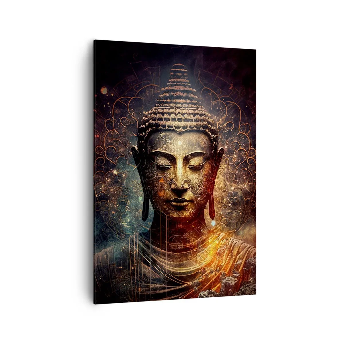 Bild auf Leinwand - Leinwandbild - Goldener Buddha auf dunklem Hintergrund mit Ornamenten - 70x100cm - Spirituelles Gleichgewicht - Moderne Wanddekoration für Wohnzimmer und Schlafzimmer ARTTOR