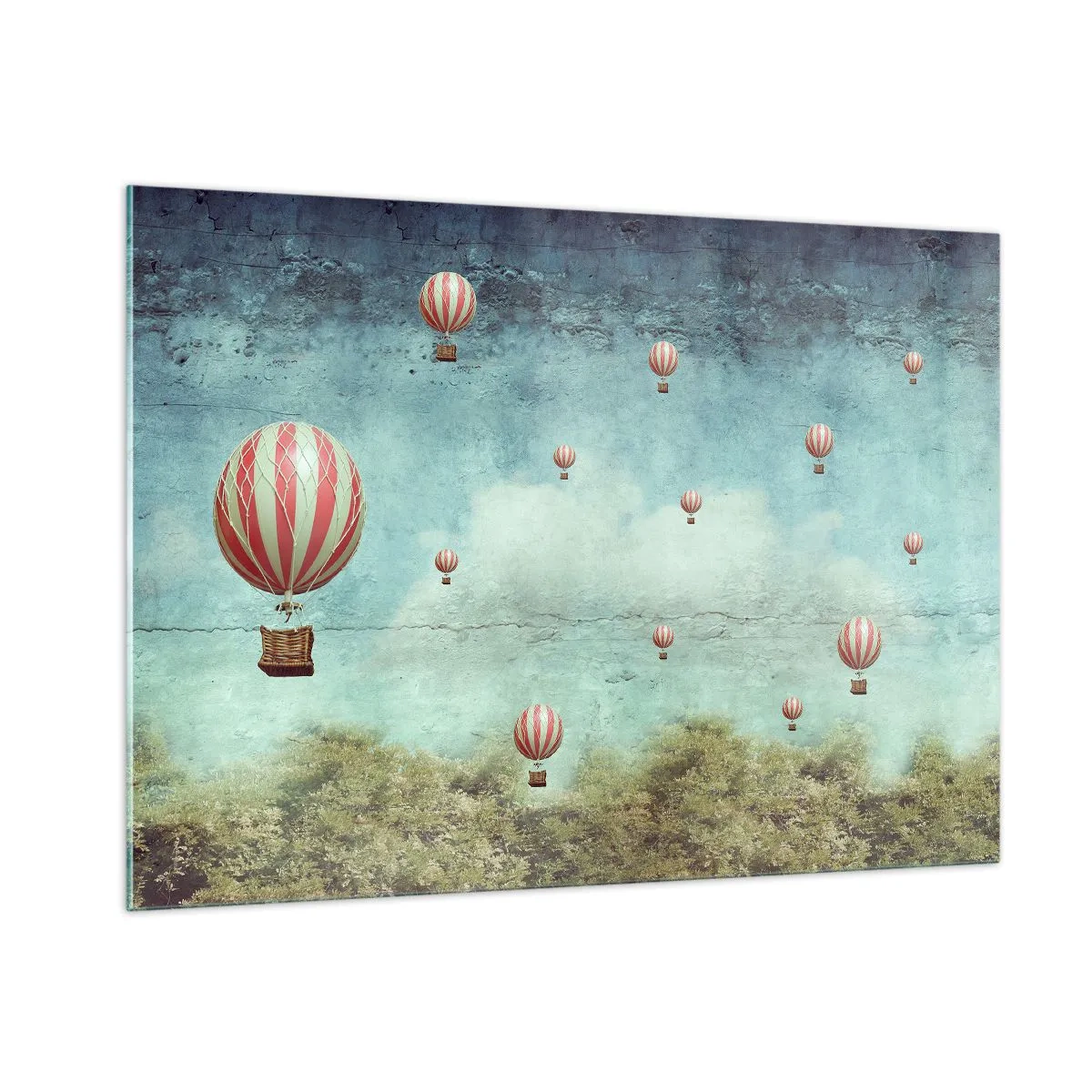 Glasbild - Bild auf glas - Ballons schweben über einer grünen Landschaft - 100x70cm - Frei von der Hektik des Lebens - Moderne Wanddekoration für Wohnzimmer und Schlafzimmer ARTTOR