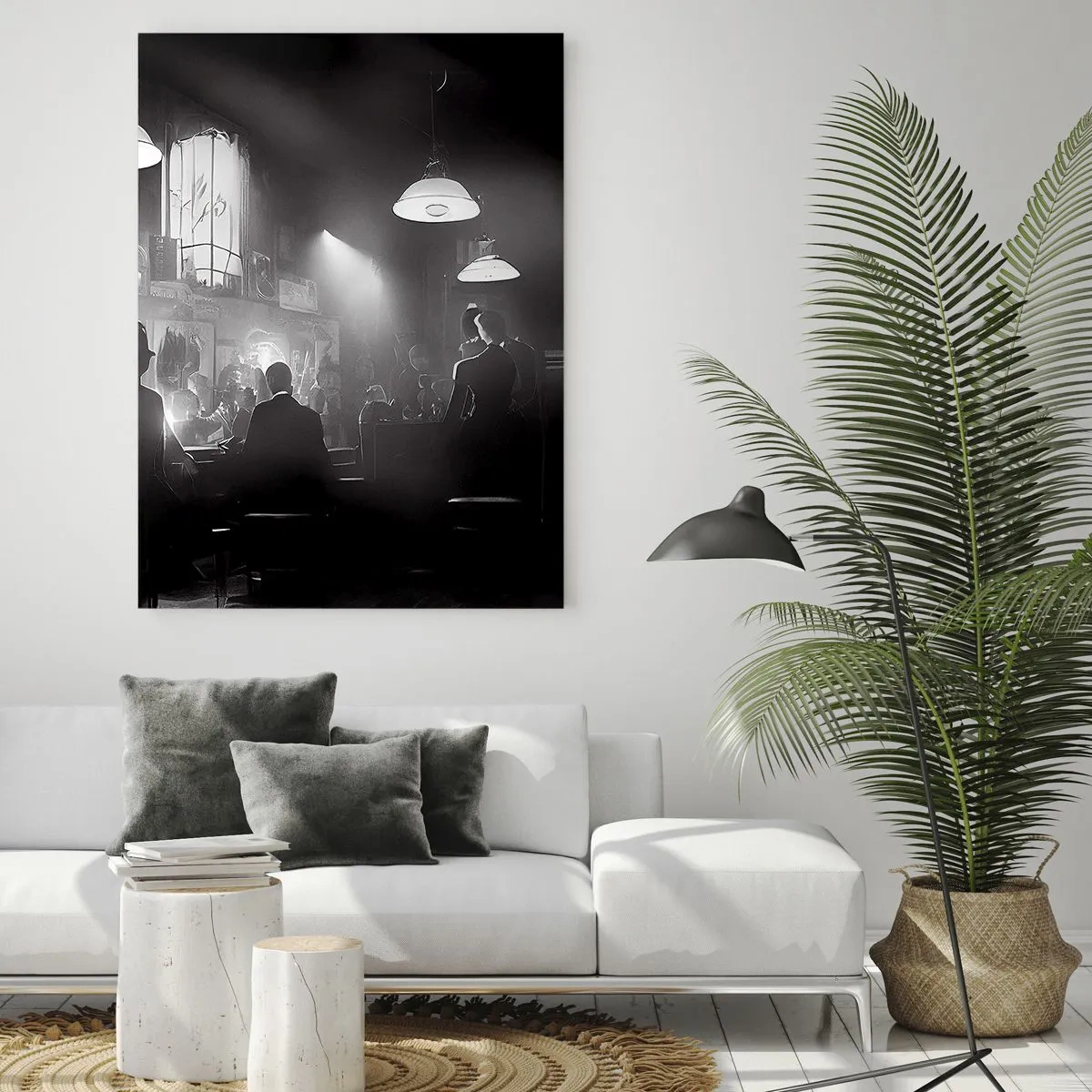 Glasbild - Bild auf glas - Schwarz-weiße Jazz-Nachtclubszene - 80x120cm - In Jazz-Atmosphäre - Moderne Wanddekoration für Wohnzimmer und Schlafzimmer ARTTOR