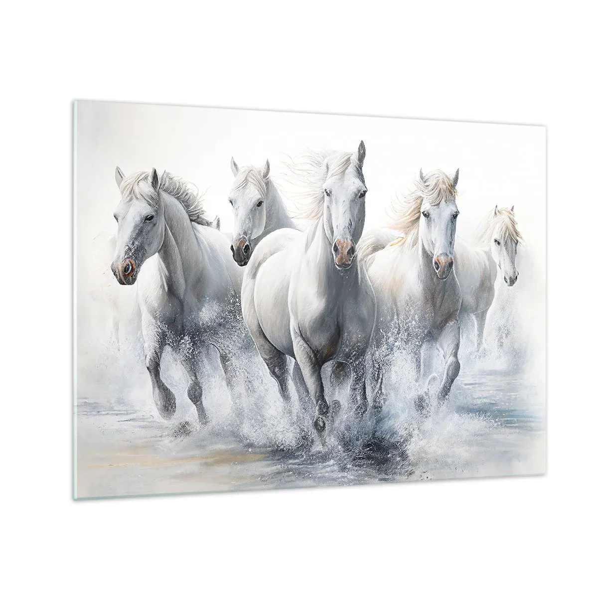 Glasbild - Bild auf glas - Weiße Pferde galoppieren durch Wasser in einer dynamischen Komposition - 70x50cm - Weiße Magie - Moderne Wanddekoration für Wohnzimmer und Schlafzimmer ARTTOR