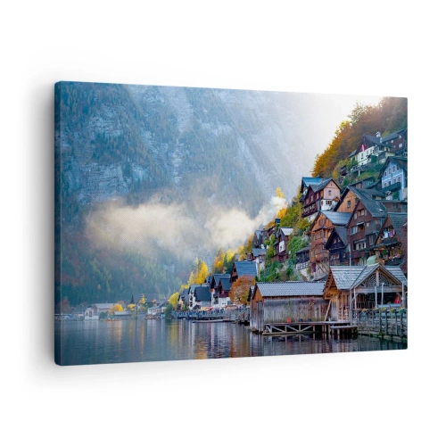 Bild auf Leinwand - Leinwandbild - Ein Bergdorf an einem See in herbstlicher Landschaft - 70x50cm - Alpenatmosphäre - Moderne Wanddekoration für Wohnzimmer und Schlafzimmer ARTTOR