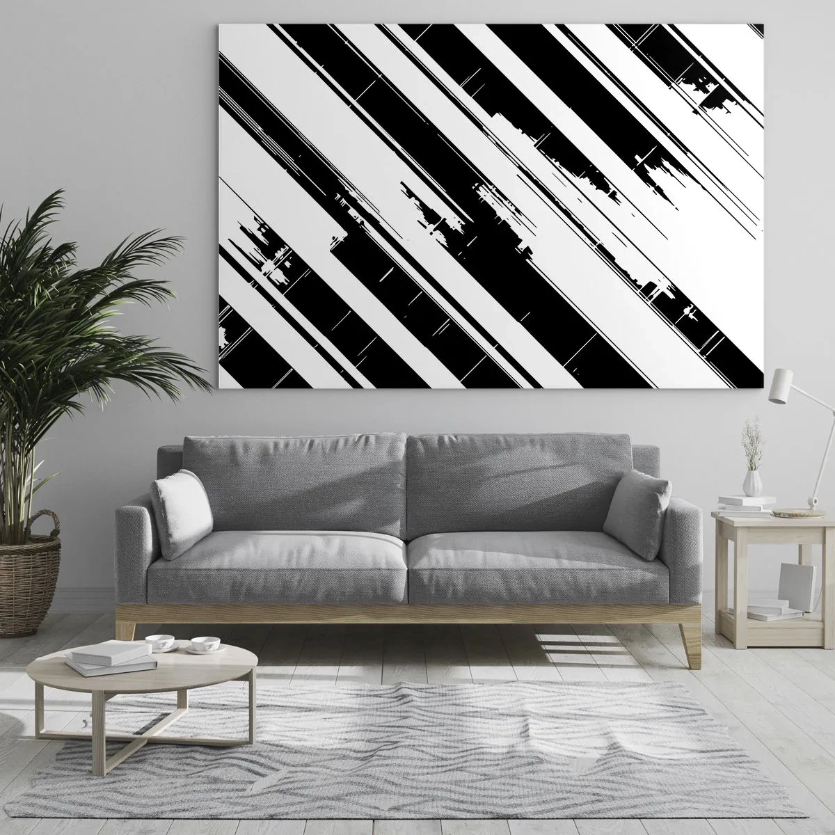Glasbild - Bild auf glas - Dynamische schwarz-weiße Streifen mit Used-Effekt - 120x80cm - Eine intensive und dynamische Komposition - Moderne Wanddekoration für Wohnzimmer und Schlafzimmer ARTTOR