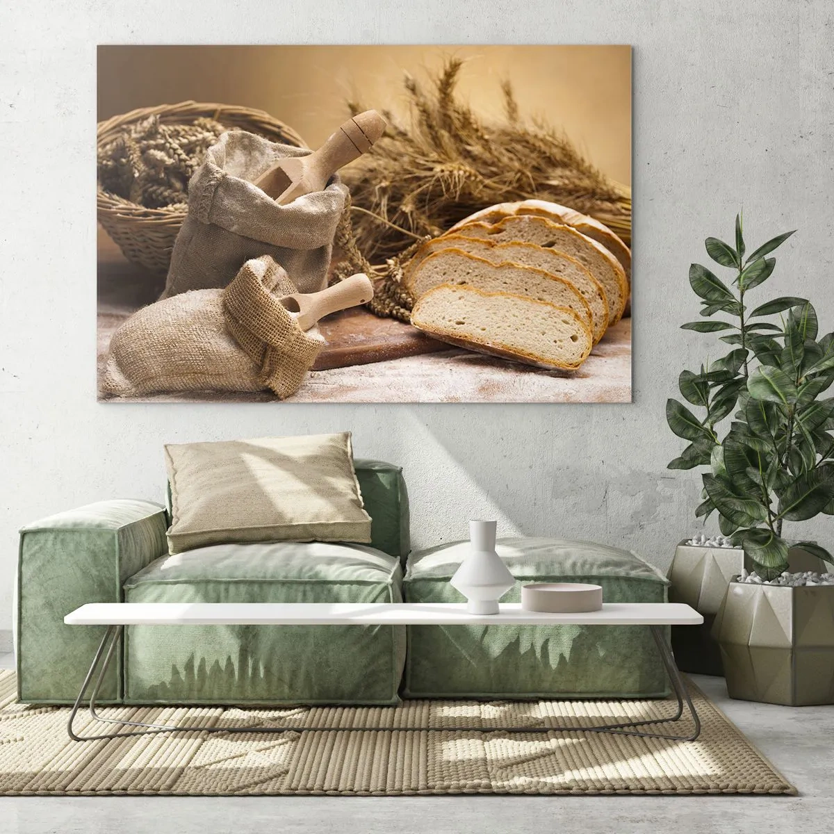 Glasbild - Bild auf glas - Brot, Mehl und Ähren im rustikalen Stil - 120x80cm - Wie mit einem Messer geschnitten - Moderne Wanddekoration für Wohnzimmer und Schlafzimmer ARTTOR