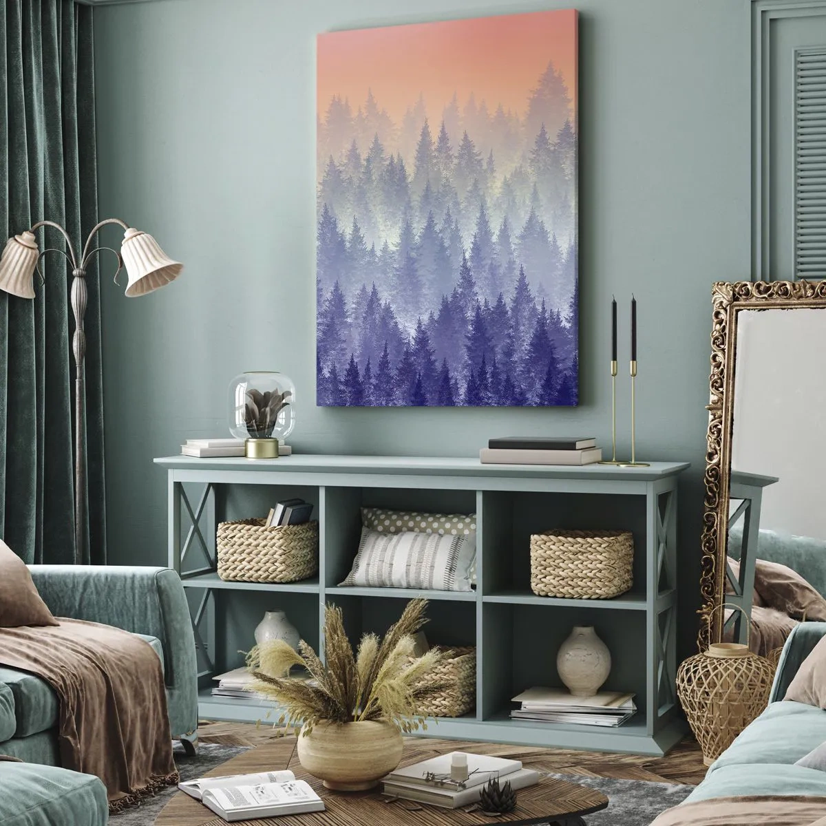 Bild auf Leinwand - Leinwandbild - Ein nebliger Wald in Lila- und Orangetönen - 50x70cm - Hoch, höher, zum Himmel - Moderne Wanddekoration für Wohnzimmer und Schlafzimmer ARTTOR