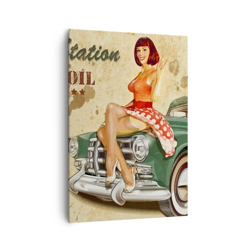 Bild auf Leinwand - Leinwandbild - Retro-Route 66-Poster mit Pin-up-Girl und Auto - 70x100cm - Die großen Jahre der 40er. - Moderne Wanddekoration für Wohnzimmer und Schlafzimmer ARTTOR