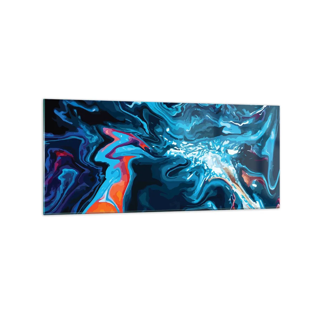 Glasbild - Bild auf glas - Ein abstraktes Muster in Blautönen mit orangefarbenen Akzenten. - 120x50cm - Reise ins Zentrum des Himmels - Moderne Wanddekoration für Wohnzimmer und Schlafzimmer ARTTOR