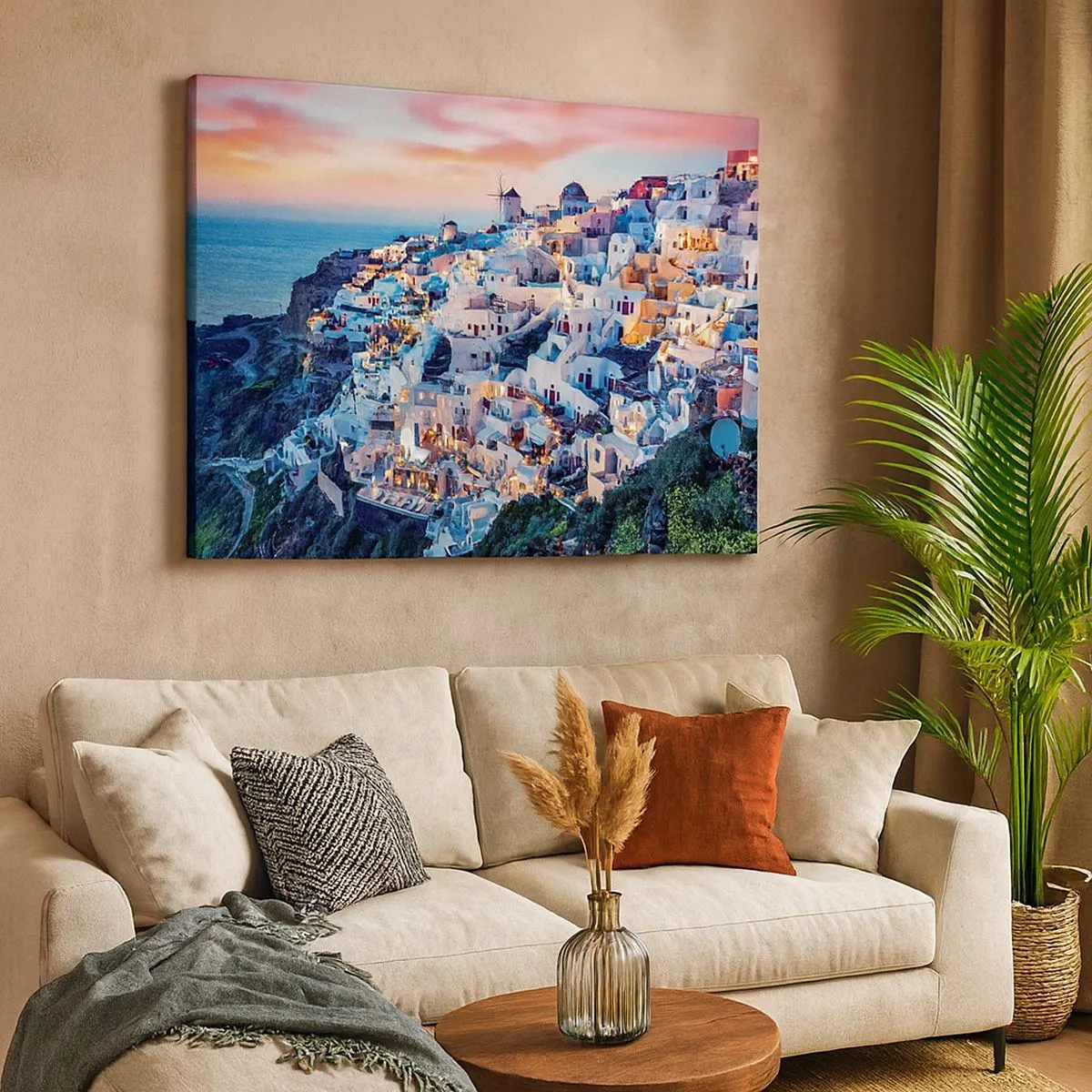 Bild auf Leinwand - Leinwandbild - Santorini bei Sonnenuntergang mit weißen Gebäuden auf dem Hügel - 70x50cm - Dein toller griechischer Urlaub - Moderne Wanddekoration für Wohnzimmer und Schlafzimmer ARTTOR
