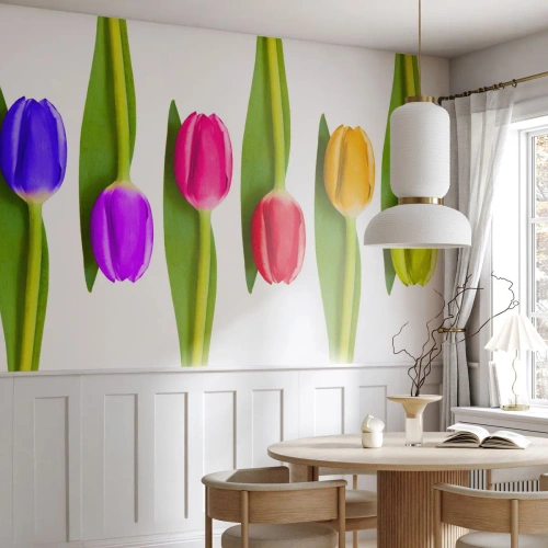 Fototapete Premium Sand - Bunte Tulpen auf weißem Hintergrund in minimalistischem Arrangement - 100x70cm - Regenbogenkomposition - Moderne Wanddekoration für Wohnzimmer und Schlafzimmer ARTTOR