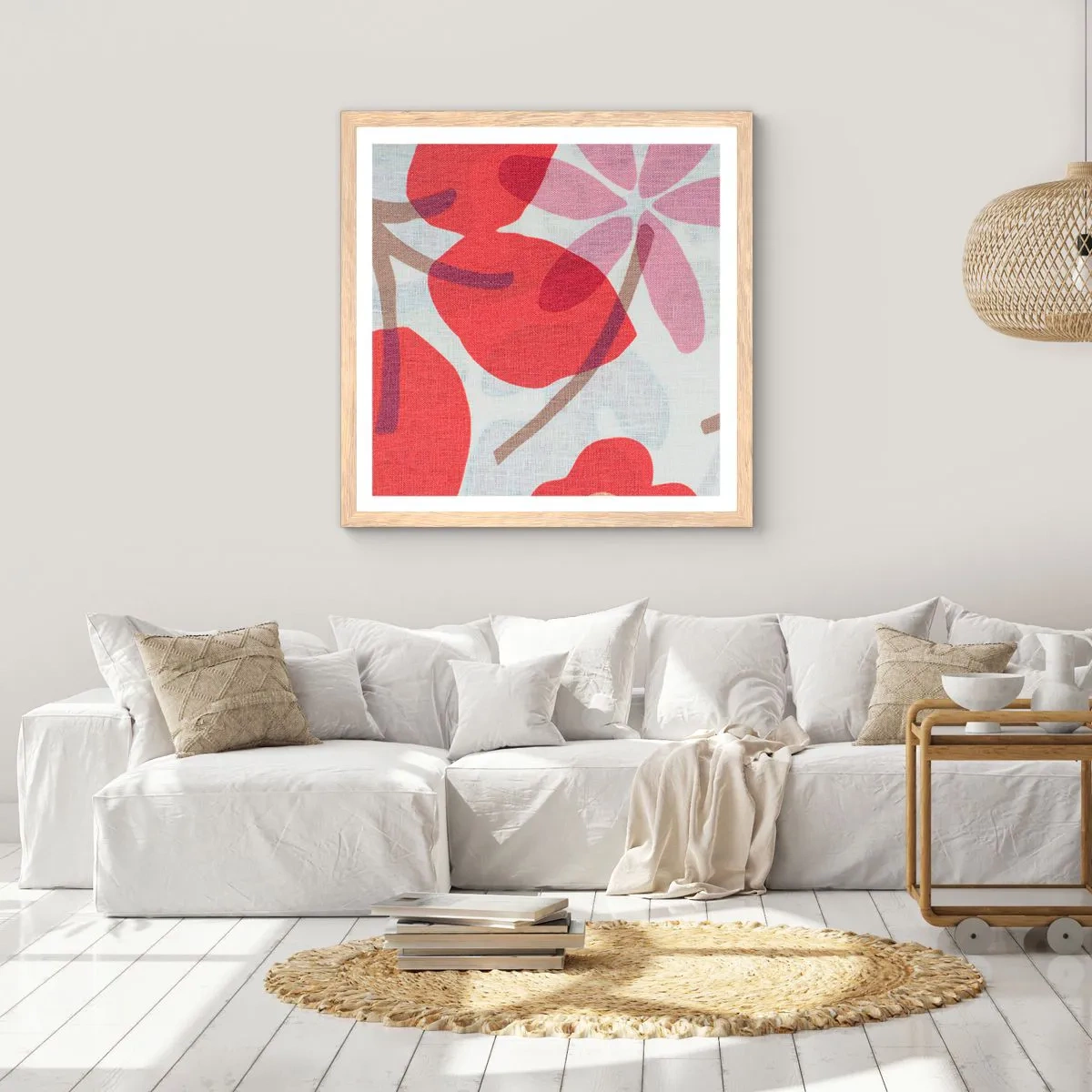 Poster in einem Rahmen aus heller Eiche - Blumenarrangement in Rosa - 40x40 cm