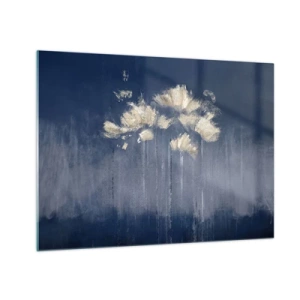 Glasbild - Bild auf glas - Goldenes abstraktes Blumenarrangement auf marineblauem Hintergrund - 70x50cm - Wie Blütenblätter im Wind - Moderne Wanddekoration für Wohnzimmer und Schlafzimmer ARTTOR