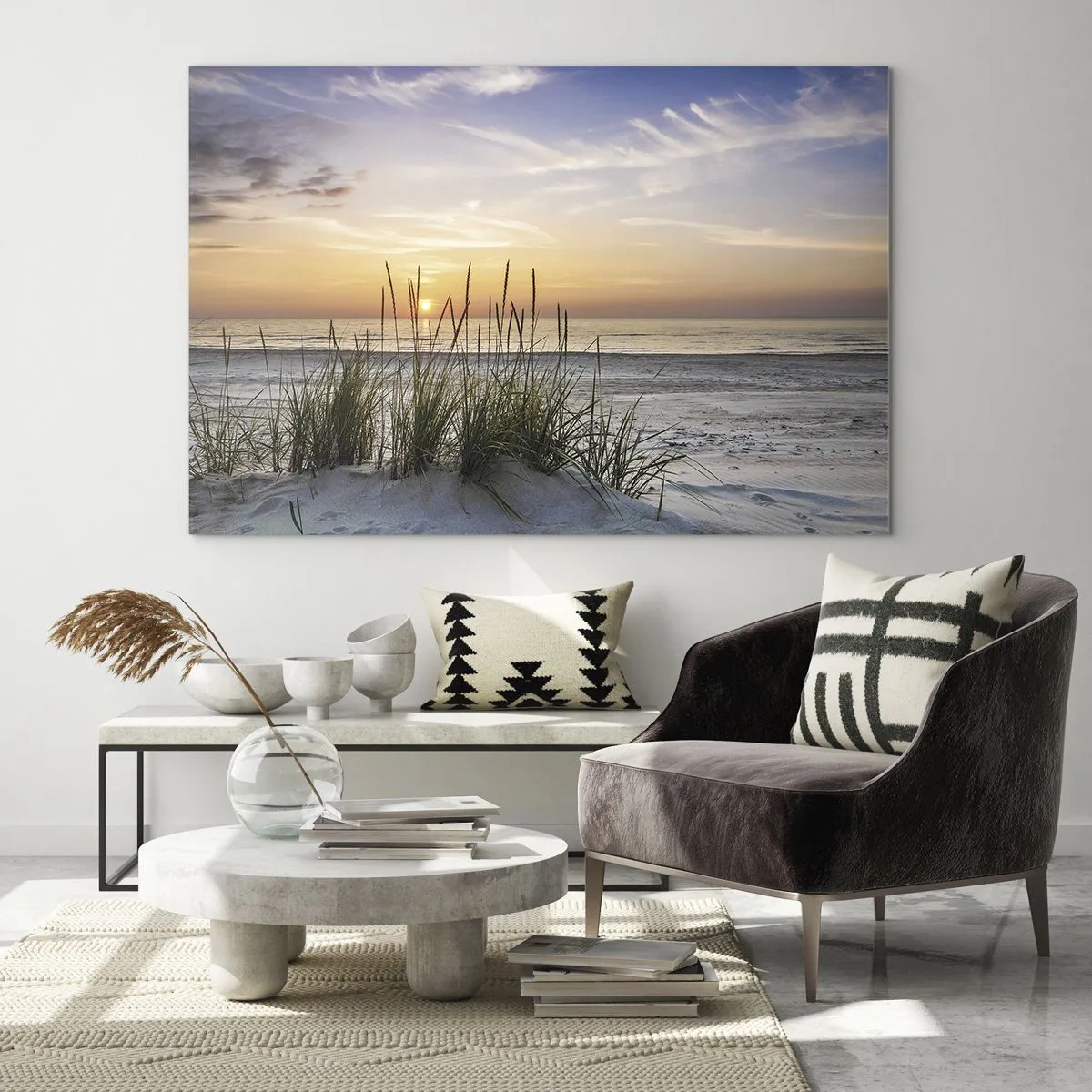 Glasbild - Bild auf glas - Sonnenuntergang über einem grasbewachsenen Strand - 70x50cm - Schau, denk, fühl - Moderne Wanddekoration für Wohnzimmer und Schlafzimmer ARTTOR