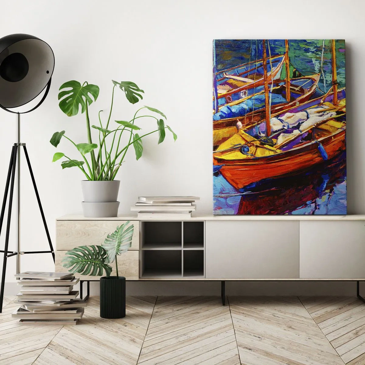 Bild auf Leinwand - Leinwandbild - Bunte Boote auf ruhigem Wasser - 50x70cm - Auf Wasser dick mit Farben - Moderne Wanddekoration für Wohnzimmer und Schlafzimmer ARTTOR