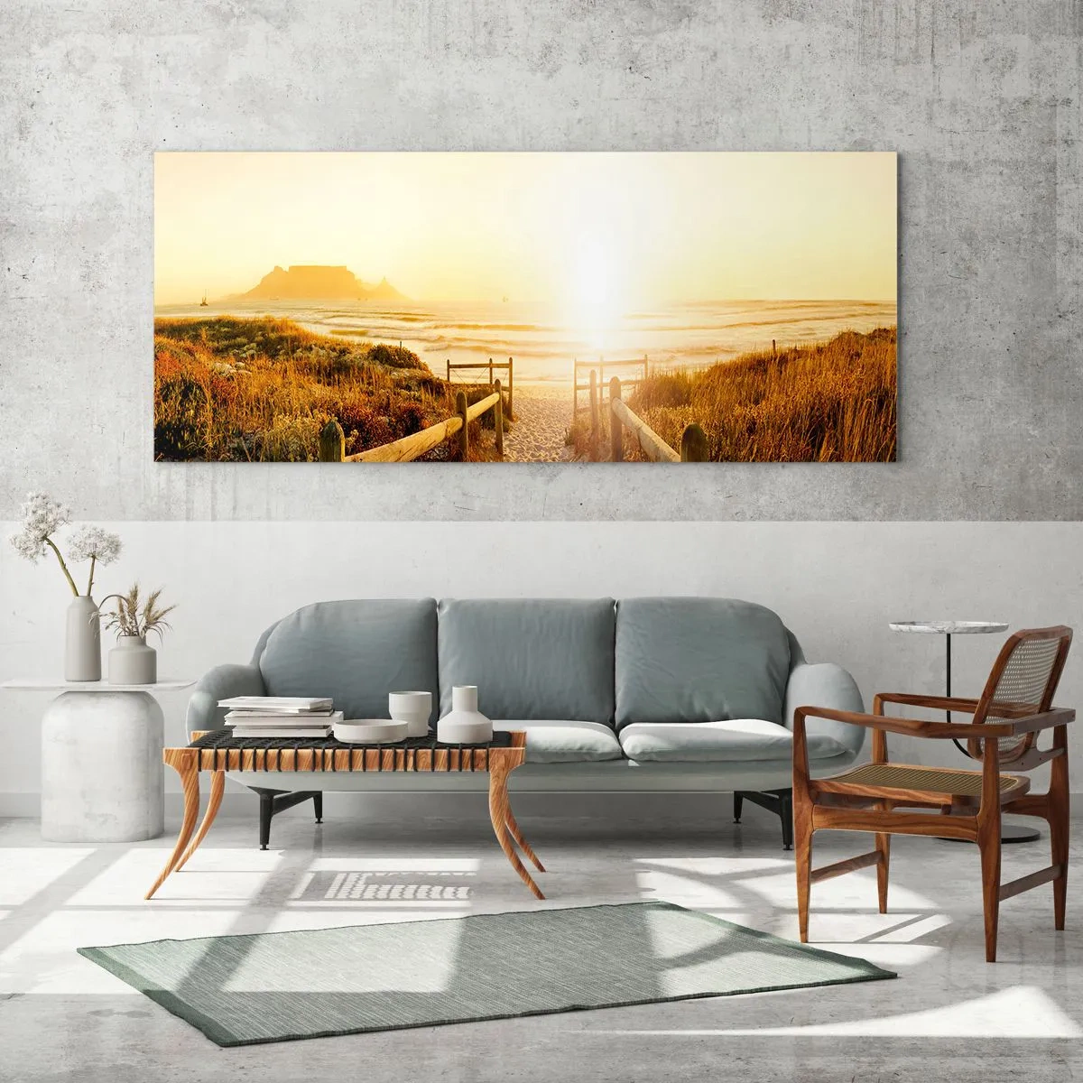 Glasbild - Bild auf glas - Weg zum Strand bei goldenem Sonnenuntergang - 160x50cm - Über die Düne, der Sonne entgegen - Moderne Wanddekoration für Wohnzimmer und Schlafzimmer ARTTOR