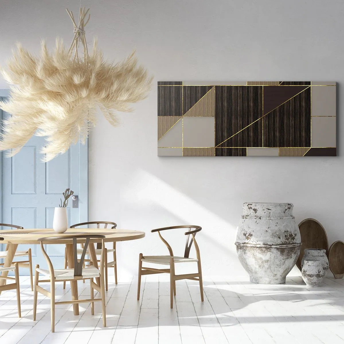 Bild auf Leinwand - Leinwandbild - Geometrische Muster in Brauntönen mit goldenen Linien - 160x50cm - Ein Mosaik aus Braun und Gold - Moderne Wanddekoration für Wohnzimmer und Schlafzimmer ARTTOR