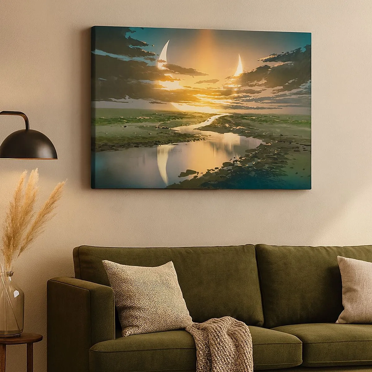 Bild auf Leinwand - Leinwandbild - Eine fantastische Landschaft mit zwei Monden am Horizont - 70x50cm - Irgendwo in einer weit, weit entfernten Galaxie - Moderne Wanddekoration für Wohnzimmer und Schlafzimmer ARTTOR