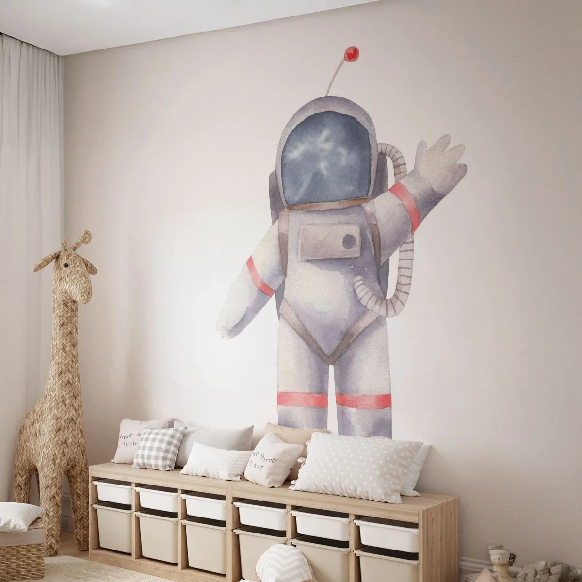 Fototapete Premium Sand - Fröhlicher Astronaut winkt mit der Hand auf weißem Hintergrund - 100x70cm - Bis dann! - Moderne Wanddekoration für Wohnzimmer und Schlafzimmer ARTTOR