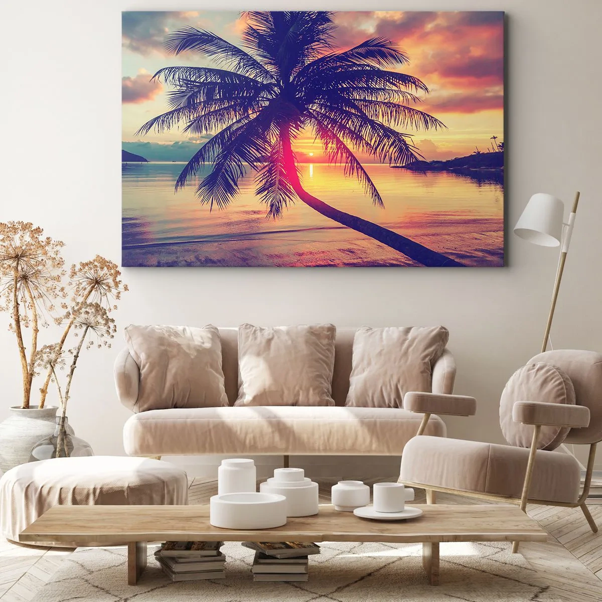 Bild auf Leinwand - Leinwandbild - Sonnenuntergang mit einer Palme über einem ruhigen Ufer - 100x70cm - Abend unter Palmen - Moderne Wanddekoration für Wohnzimmer und Schlafzimmer ARTTOR
