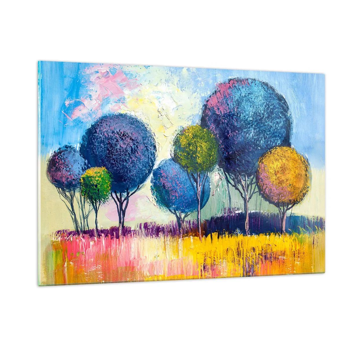 Glasbild - Bild auf glas - Bunte Bäume vor einem abstrakten Landschaftshintergrund - 120x80cm - Kugel - die Form des Ideals - Moderne Wanddekoration für Wohnzimmer und Schlafzimmer ARTTOR
