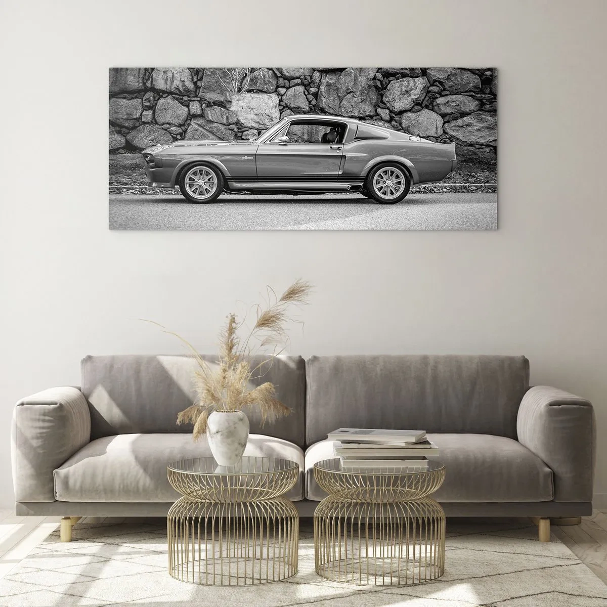 Glasbild - Bild auf glas - Schwarz-Weiß-Foto eines Oldtimers - 120x50cm - Die Legende der 1960er - Moderne Wanddekoration für Wohnzimmer und Schlafzimmer ARTTOR