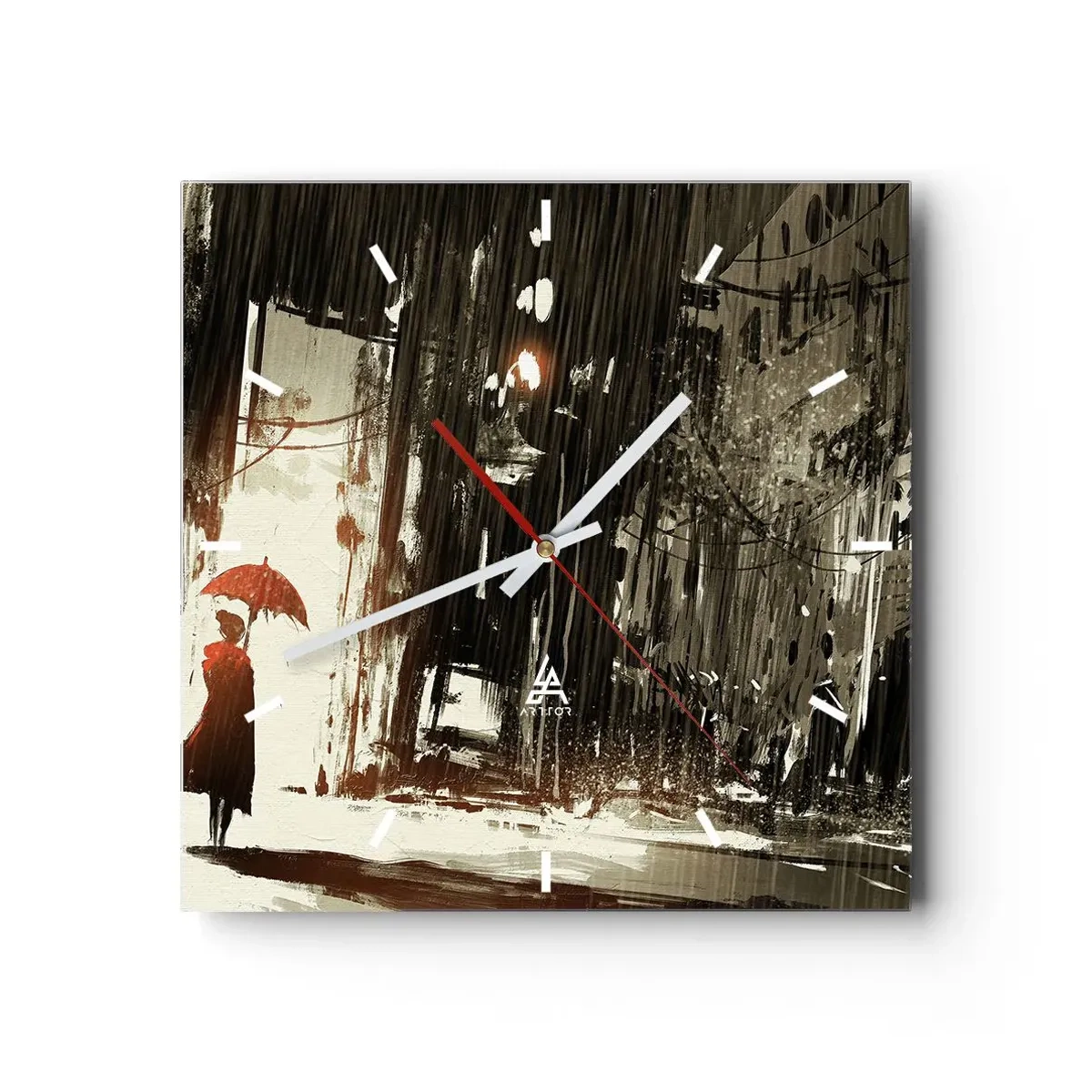 Wanduhr - Glasuhr - Eine rote Figur mit einem Regenschirm in einer regnerischen Szene - 30x30cm - Die Poesie des roten Regenschirms - Moderne Wanddekoration für Wohnzimmer und Schlafzimmer ARTTOR
