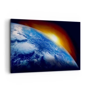 Bild auf Leinwand - Leinwandbild - Blick auf die Erde aus dem Weltraum bei Sonnenuntergang - 120x80cm - Sonnenaufgang über dem blauen Planeten - Moderne Wanddekoration für Wohnzimmer und Schlafzimmer ARTTOR