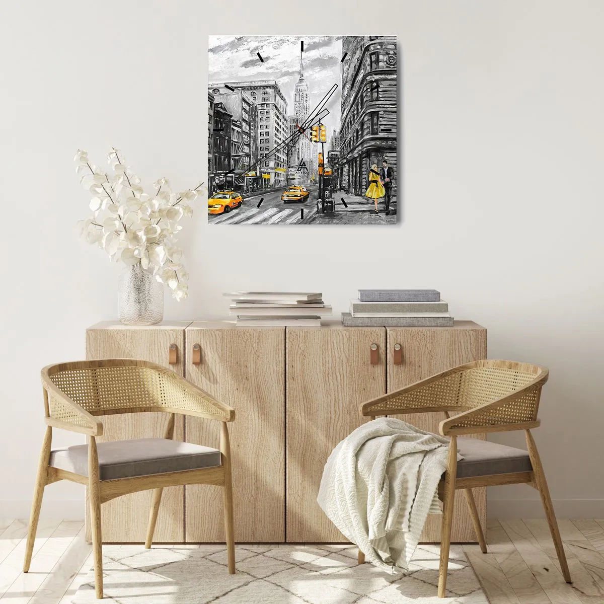 Wanduhr - Glasuhr - New Yorker Straße mit gelben Akzenten - 30x30cm - Eine New Yorker Geschichte - Moderne Wanddekoration für Wohnzimmer und Schlafzimmer ARTTOR