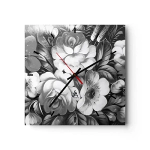 Wanduhr - Glasuhr - Schwarze und weiße Blumen in einer klassischen und eleganten Komposition - 30x30cm - Schön auch in Grau - Moderne Wanddekoration für Wohnzimmer und Schlafzimmer ARTTOR