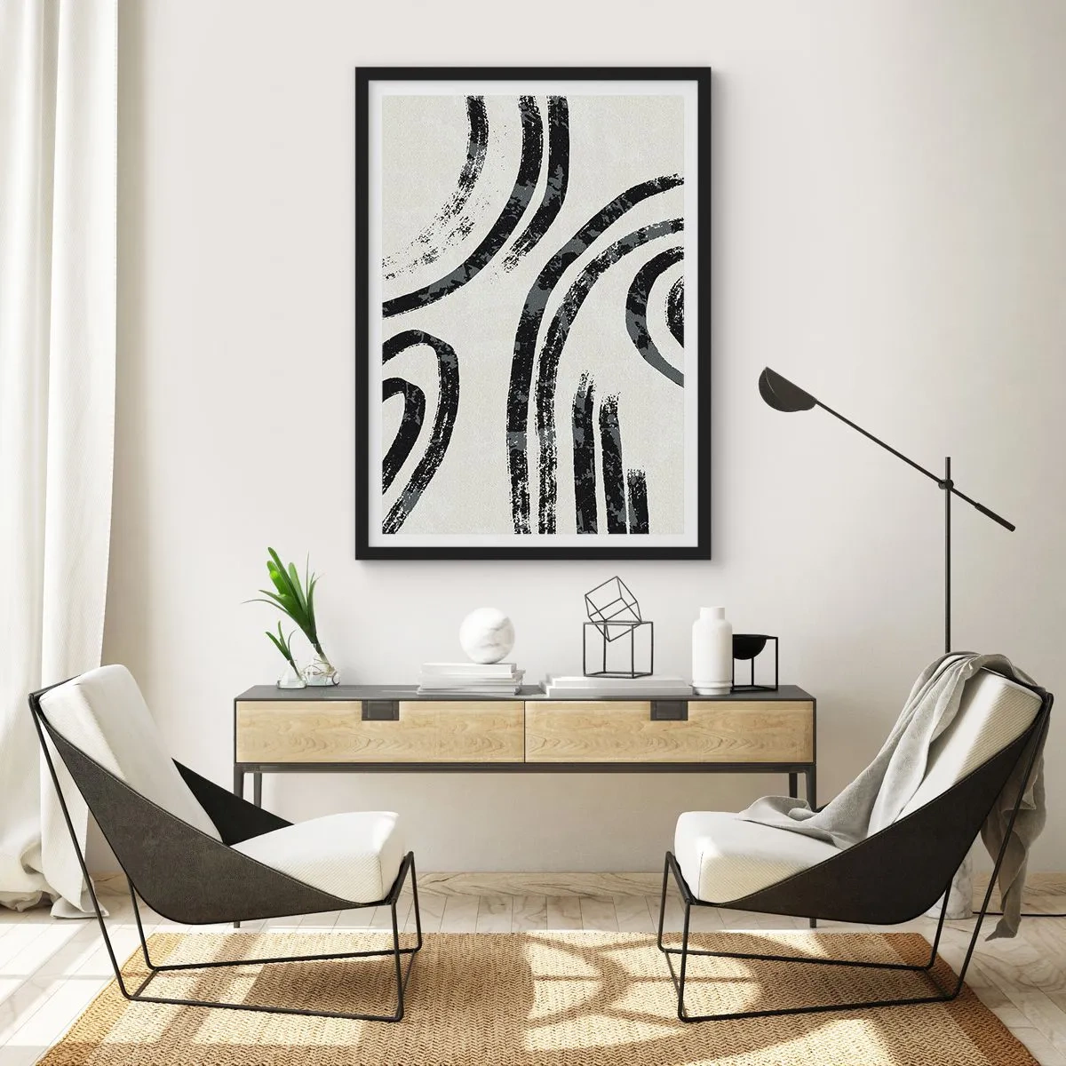 Poster in einem schwarzem Rahmen - Abstrakte schwarze Linien auf hellem Hintergrund - 50x70cm - Bei Hälfte angehalten - Moderne Wanddekoration für Wohnzimmer und Schlafzimmer ARTTOR