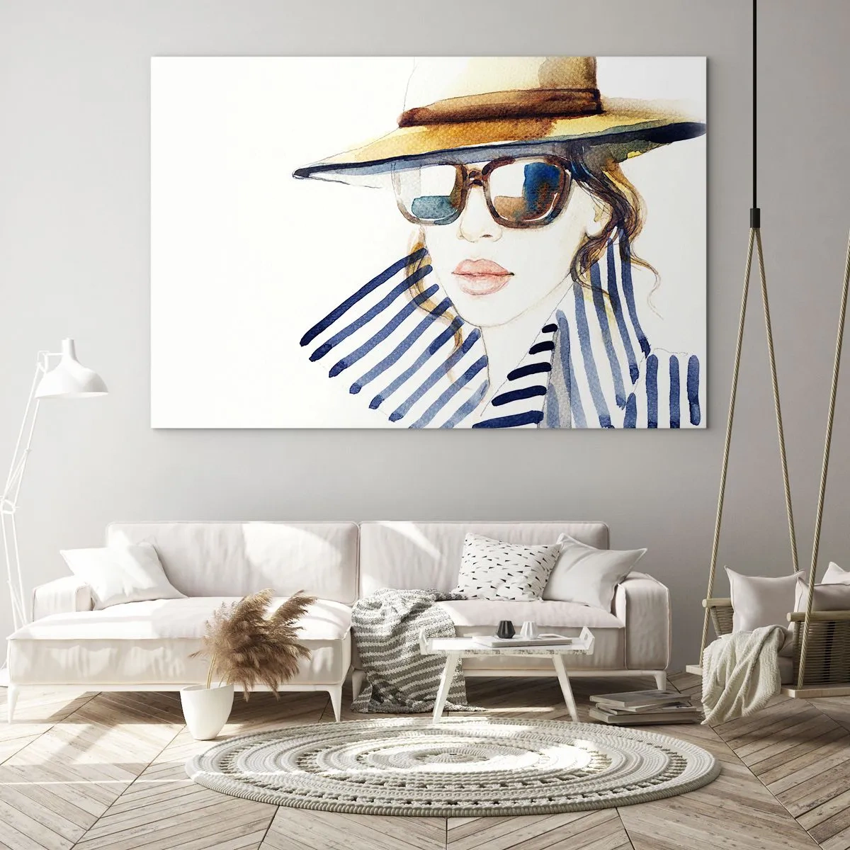 Glasbild - Bild auf glas - Stilvolle Frau mit Hut und Brille im Aquarellstil - 120x80cm - Florida heißt Sie willkommen! - Moderne Wanddekoration für Wohnzimmer und Schlafzimmer ARTTOR