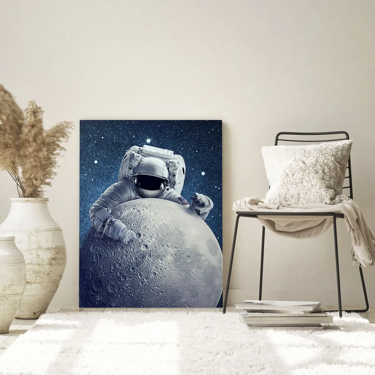Glasbild - Bild auf glas - Astronaut umarmt den Mond vor einem Sternenhimmel - 50x70cm - Weltraumjoker - Moderne Wanddekoration für Wohnzimmer und Schlafzimmer ARTTOR