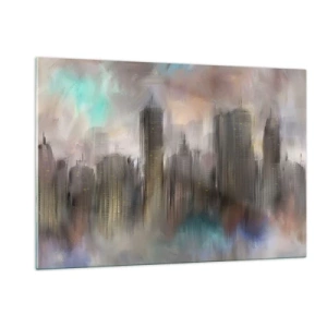 Glasbild - Bild auf glas - Abstraktes Bild einer Stadt mit Wolkenkratzern - 120x80cm - Eine Komposition aus Stahl, Stein und Nebel - Moderne Wanddekoration für Wohnzimmer und Schlafzimmer ARTTOR