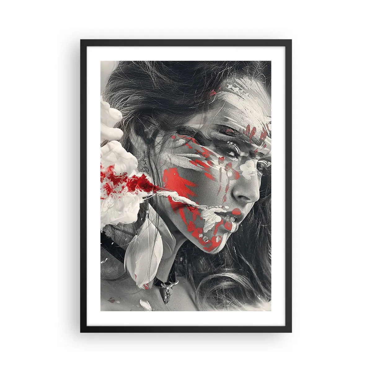 Poster in einem schwarzem Rahmen - Künstlerisches Portrait mit rotem Akzent - 50x70cm - Im Dunst der Absurdität - Moderne Wanddekoration für Wohnzimmer und Schlafzimmer ARTTOR