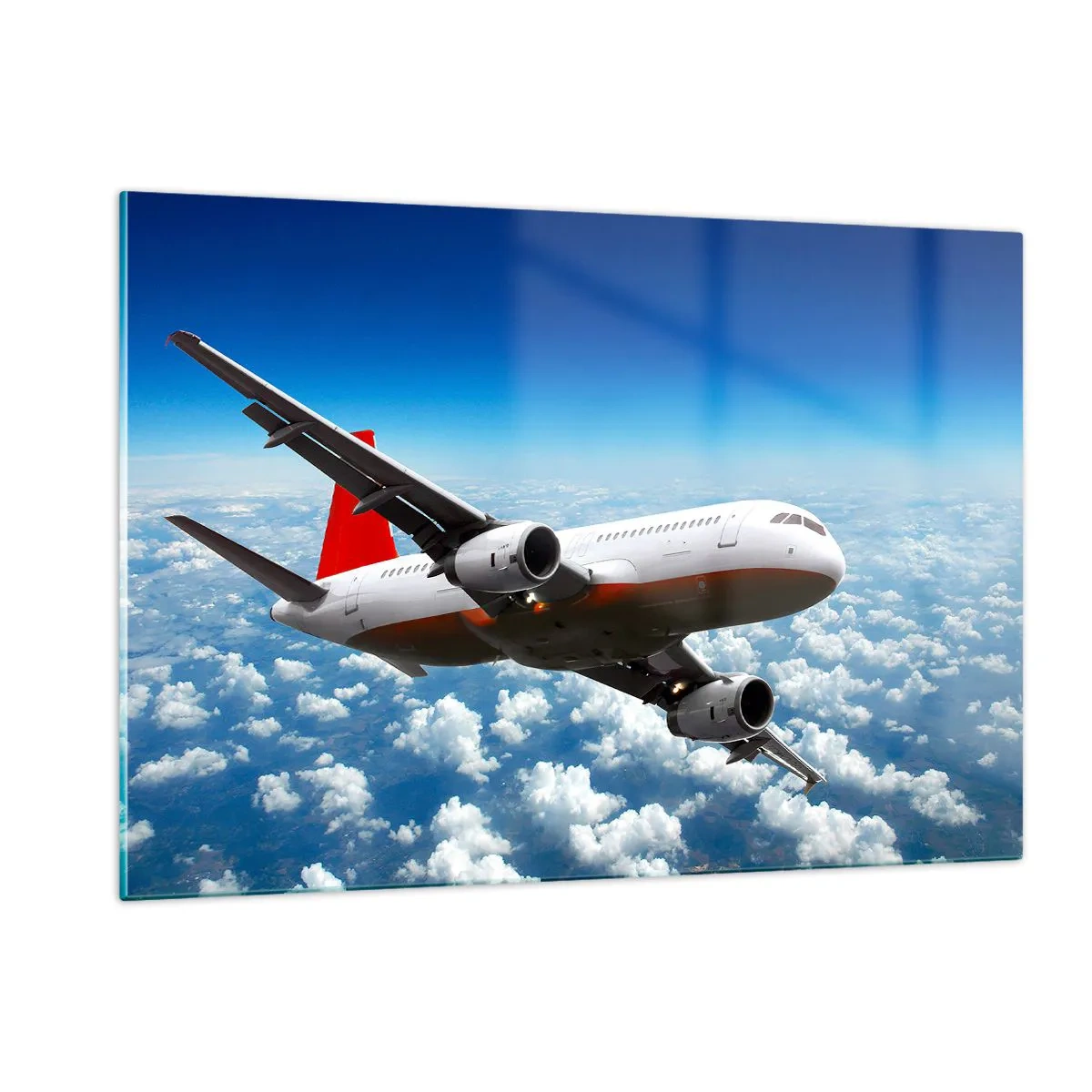 Glasbild - Bild auf glas - Ein Passagierflugzeug fliegt über den Wolken vor blauem Himmel - 120x80cm - Entferne dich von allem - Moderne Wanddekoration für Wohnzimmer und Schlafzimmer ARTTOR