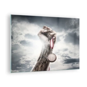 Glasbild - Bild auf glas - Eine Hand hält eine Medaille vor einem Wolkenhintergrund - 70x50cm - Per aspera ad astra - Moderne Wanddekoration für Wohnzimmer und Schlafzimmer ARTTOR