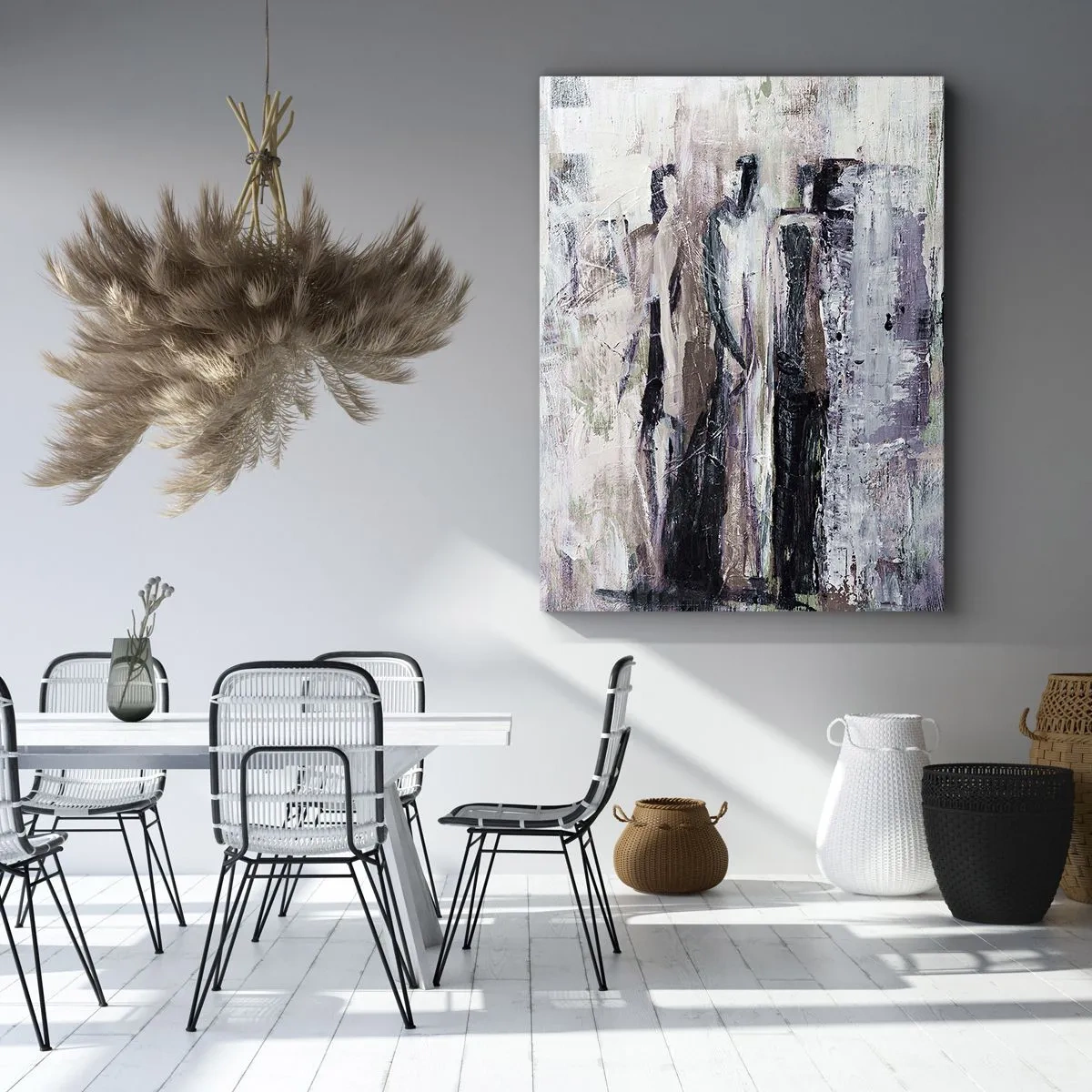 Bild auf Leinwand - Leinwandbild - Eine abstrakte Komposition mit drei Figuren in Pastellfarben. - 50x70cm - Die geheimnisvolle Drei - Moderne Wanddekoration für Wohnzimmer und Schlafzimmer ARTTOR