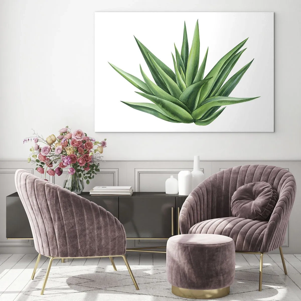 Glasbild - Bild auf glas - Eine grüne Pflanze mit fleischigen Blättern auf weißem Hintergrund - 70x50cm - Grün – Kraft – Leben - Moderne Wanddekoration für Wohnzimmer und Schlafzimmer ARTTOR