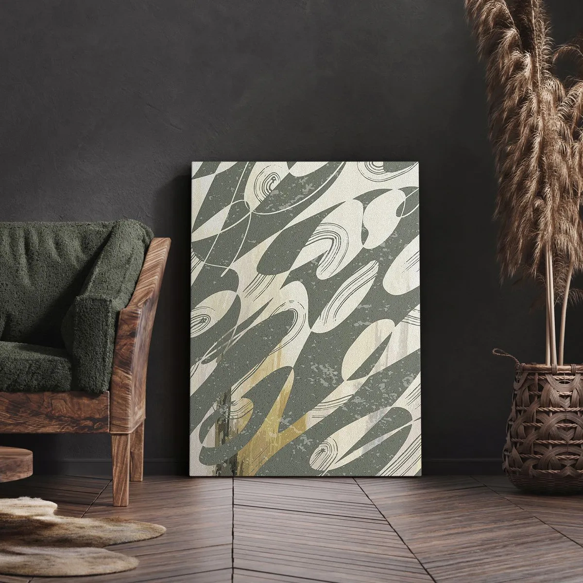 Bild auf Leinwand - Leinwandbild - Dynamische Formen in Grün- und Goldtönen - 50x70cm - Rhythmische Abstraktion - Moderne Wanddekoration für Wohnzimmer und Schlafzimmer ARTTOR