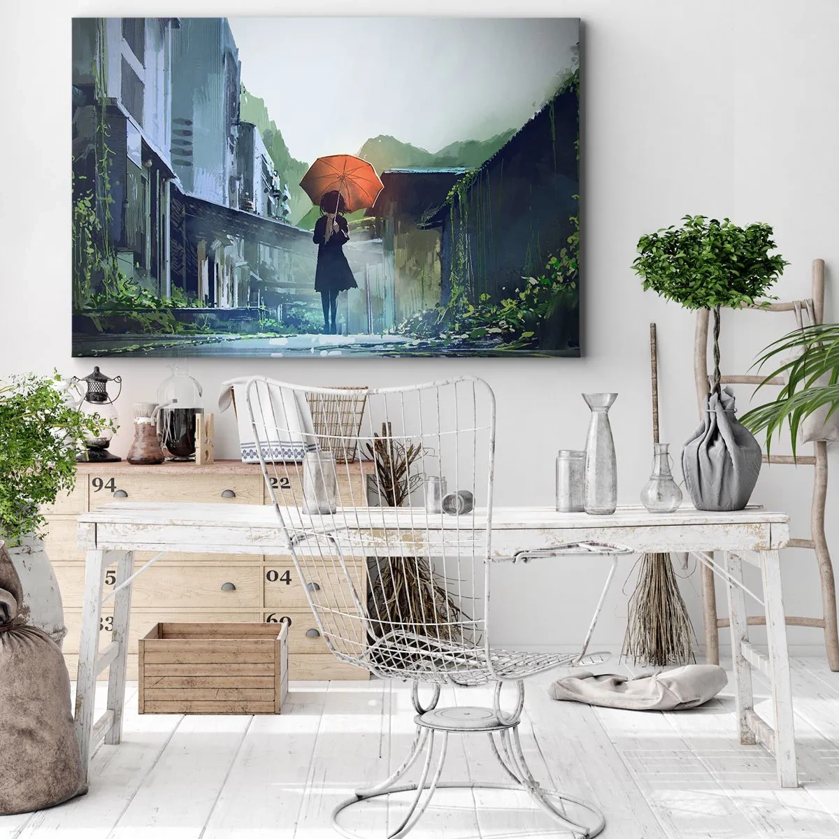 Bild auf Leinwand - Leinwandbild - Eine Figur mit einem Regenschirm in einer verregneten Stadt - 70x50cm - Belebender Regen - Moderne Wanddekoration für Wohnzimmer und Schlafzimmer ARTTOR