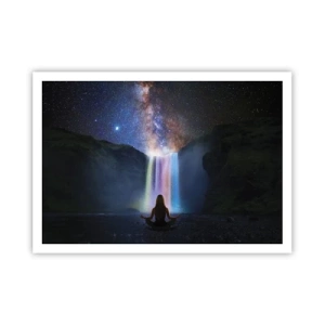 Poster - Meditation vor einem Wasserfall inmitten der Sterne - 100x70cm - Absolute Harmonie - Moderne Wanddekoration für Wohnzimmer und Schlafzimmer ARTTOR