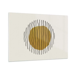 Glasbild - Bild auf glas - Eine minimalistische Komposition mit einem gelben Kreis und schwarzen Linien. - 100x70cm - Abstraktion, die vor Hitze zittert - Moderne Wanddekoration für Wohnzimmer und Schlafzimmer ARTTOR