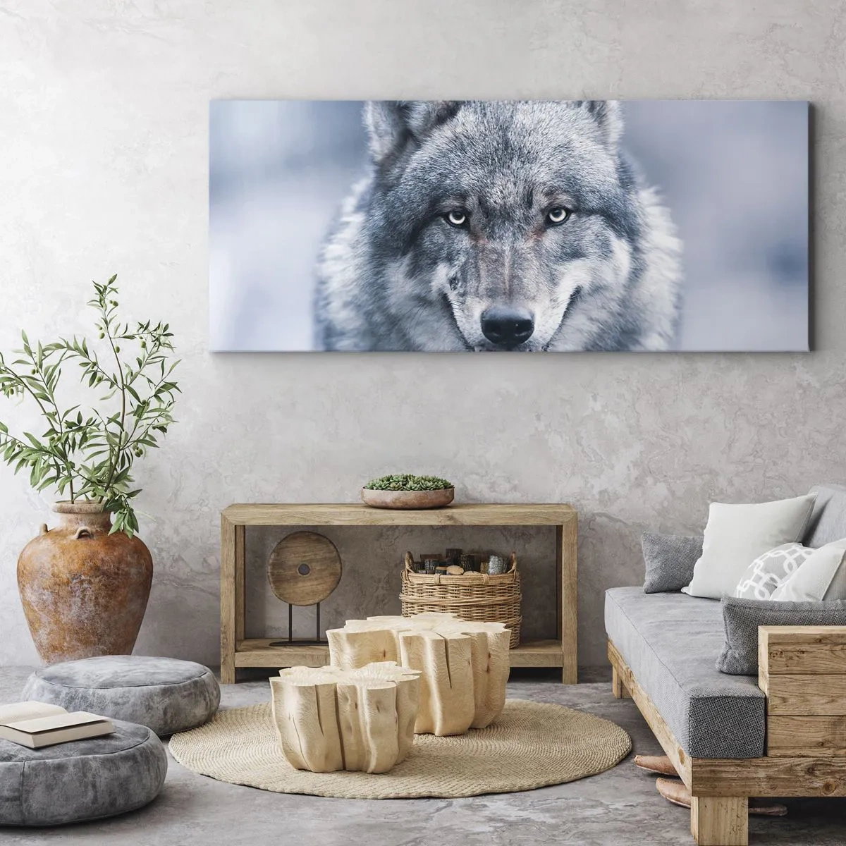 Bild auf Leinwand - Leinwandbild - Ein Wolf mit intensivem Blick in einer Winterlandschaft - 120x50cm - Werden Sie die Herausforderung annehmen? - Moderne Wanddekoration für Wohnzimmer und Schlafzimmer ARTTOR