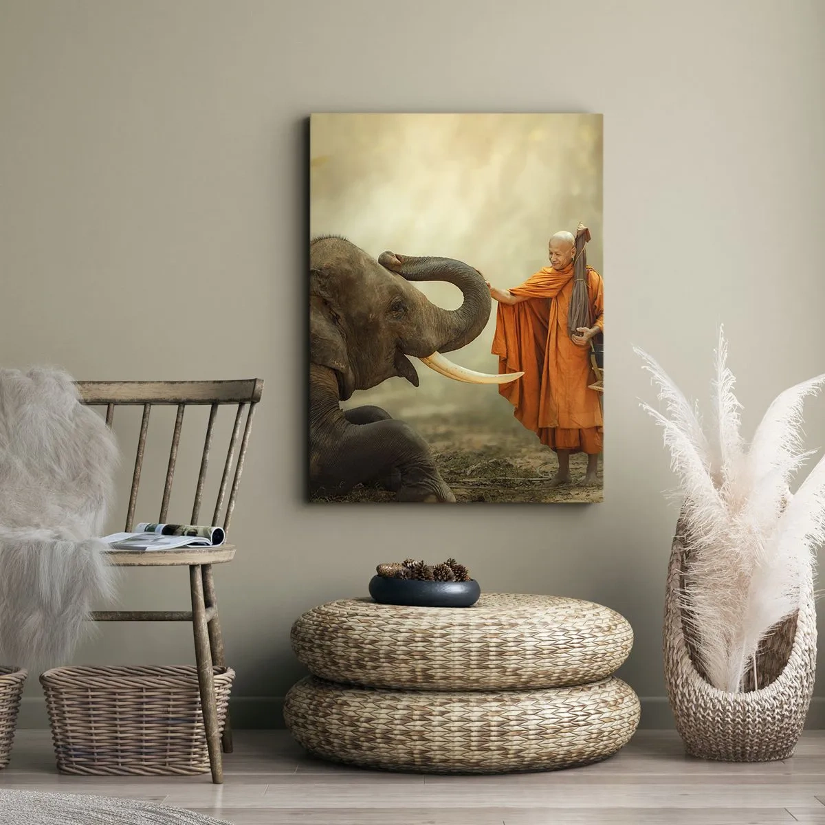 Bild auf Leinwand - Leinwandbild - Ein Mönch und ein Elefant in Harmonie vor der Kulisse der Natur - 50x70cm - Treffen unterwegs - Moderne Wanddekoration für Wohnzimmer und Schlafzimmer ARTTOR