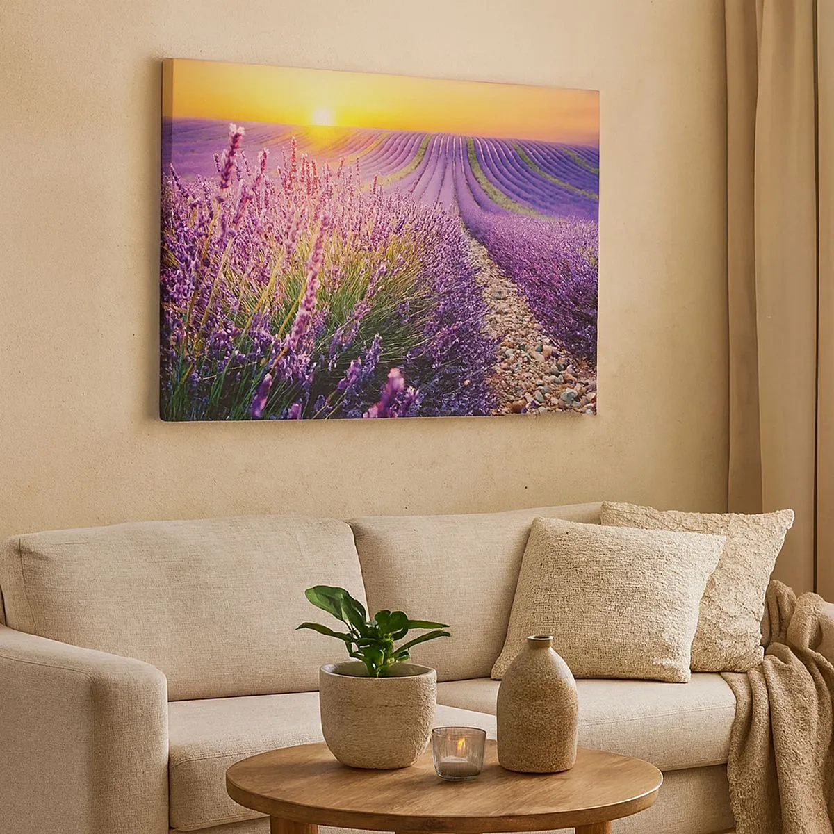 Bild auf Leinwand - Leinwandbild - Lavendelfeld bei Sonnenuntergang - 70x50cm - Duftende Kornfelder - Moderne Wanddekoration für Wohnzimmer und Schlafzimmer ARTTOR