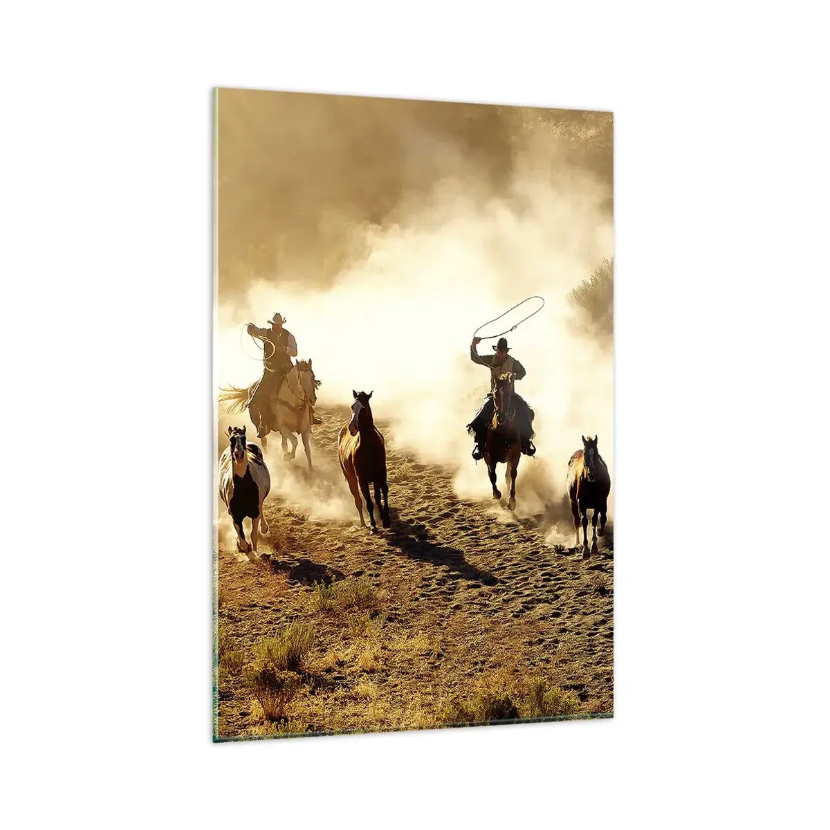 Glasbild - Bild auf glas - Cowboys zu Pferd in Aktion im Wüstengelände - 80x120cm - Wirklich wilder Westen - Moderne Wanddekoration für Wohnzimmer und Schlafzimmer ARTTOR