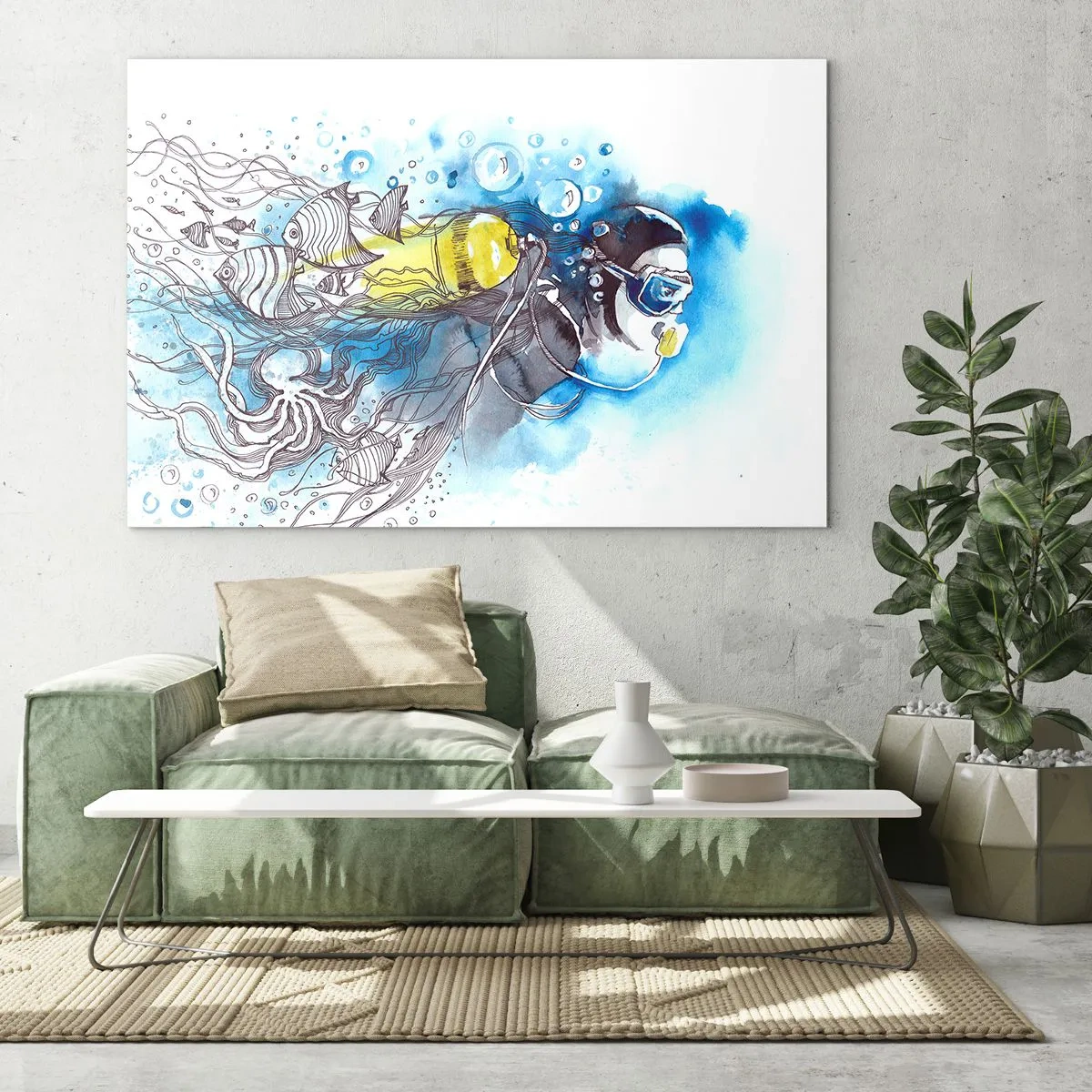 Glasbild - Bild auf glas - Taucher unter Wasser mit Fischen in künstlerischem Aquarell - 70x50cm - Tolles Blau - Moderne Wanddekoration für Wohnzimmer und Schlafzimmer ARTTOR