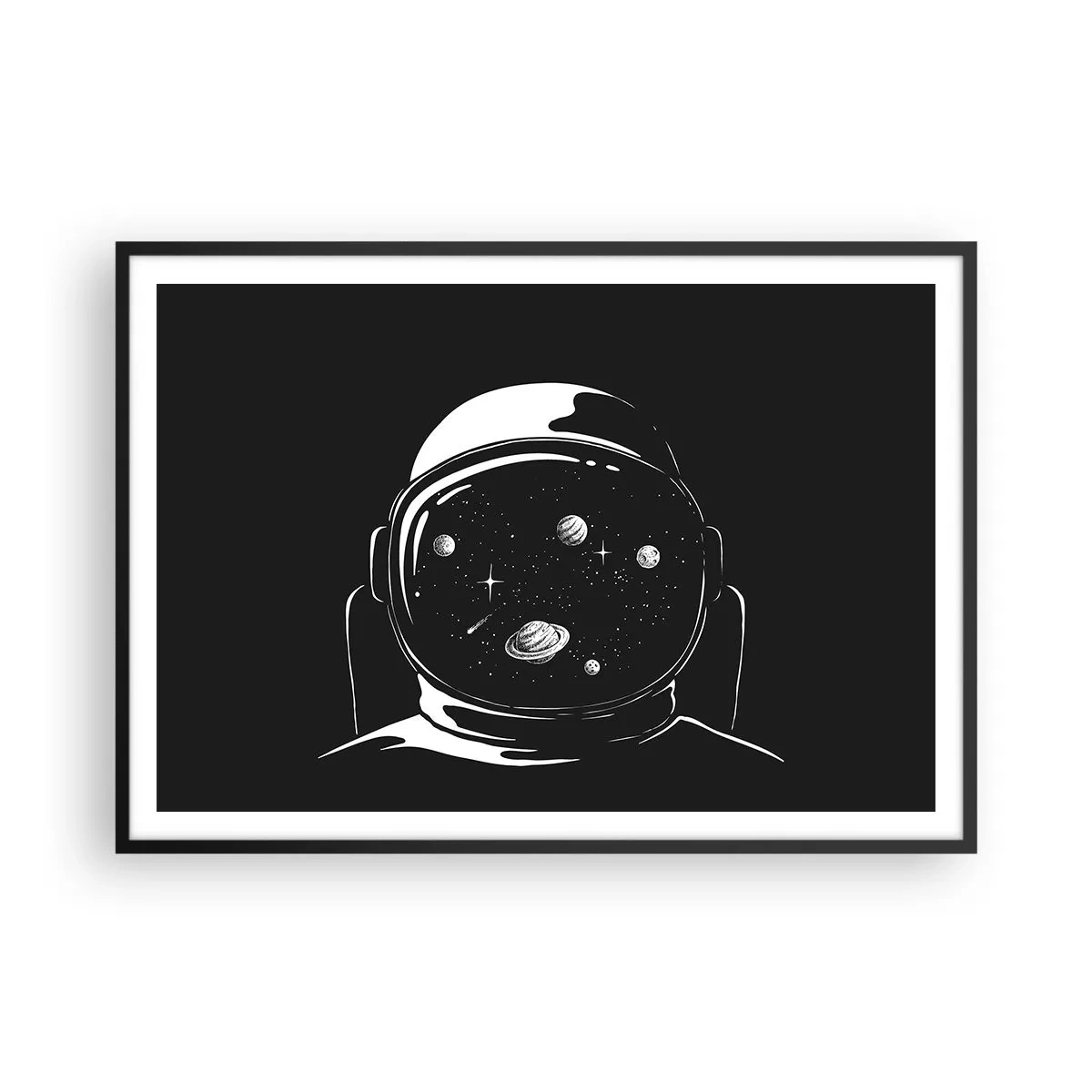 Poster in einem schwarzem Rahmen - Ein minimalistischer Astronautenhelm mit Blick ins Weltall - 100x70cm - Schöne Aussicht - Moderne Wanddekoration für Wohnzimmer und Schlafzimmer ARTTOR