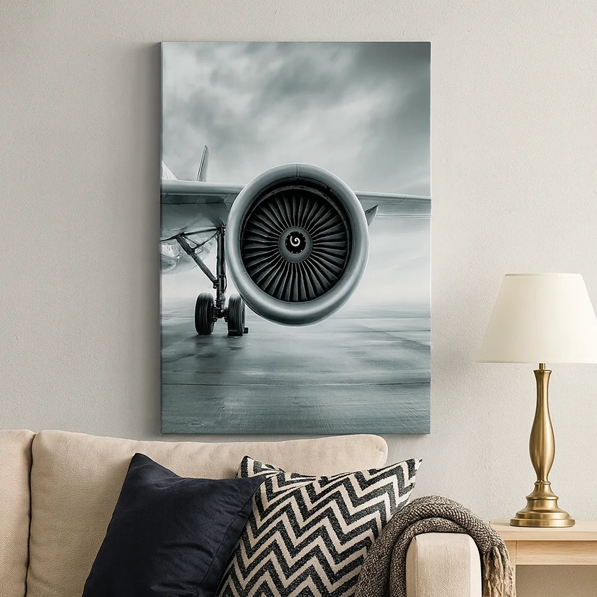 Bild auf Leinwand - Leinwandbild - Das Düsentriebwerk eines Flugzeugs auf dem Rollfeld - 50x70cm - Die Macht ist da! - Moderne Wanddekoration für Wohnzimmer und Schlafzimmer ARTTOR
