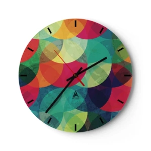 Wanduhr - Glasuhr - Mehrfarbige Kreise überlappen sich in einer geometrischen Komposition - 30x30cm - Aufstieg zum Regenbogen - Moderne Wanddekoration für Wohnzimmer, Küche und Schlafzimmer ARTTOR