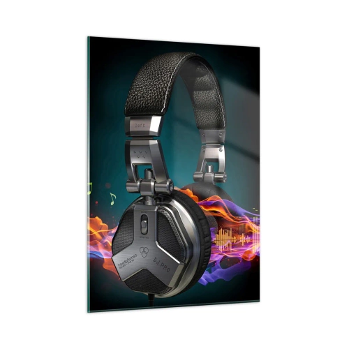 Glasbild - Bild auf glas - DJ-Kopfhörer mit bunten Schallwellen und Musiknoten - 50x70cm - Feuer der Musik - Moderne Wanddekoration für Wohnzimmer und Schlafzimmer ARTTOR